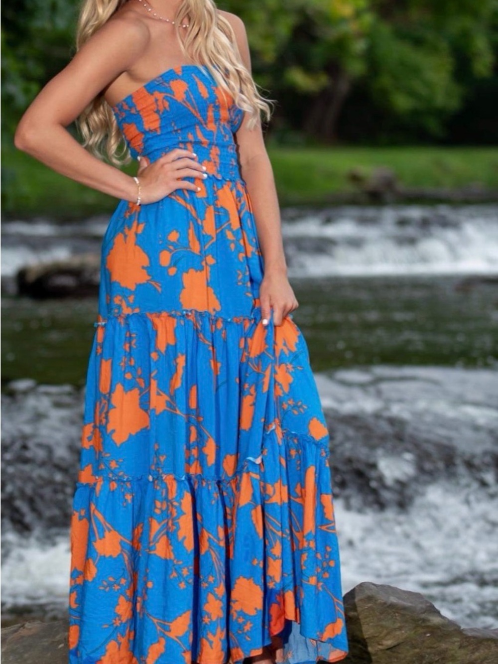 Abel the label Strapless Blue & Orange Floral Maxi Dress